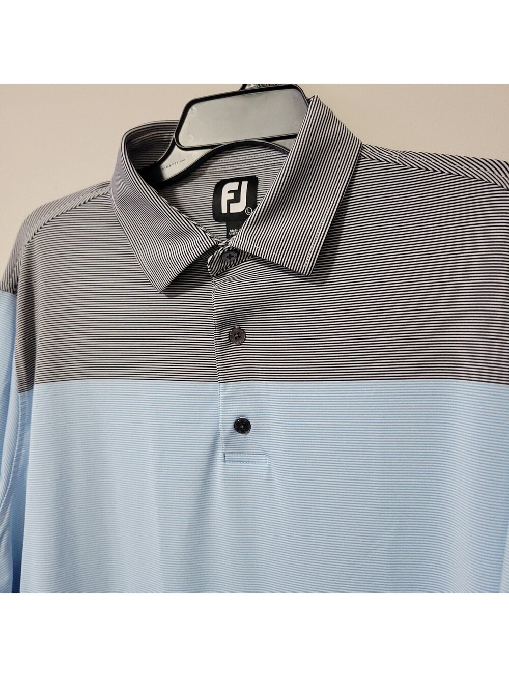 FootJoy Golf Polo Shirt Mens L Blue Gray Striped Fox Run Country Club Stretch